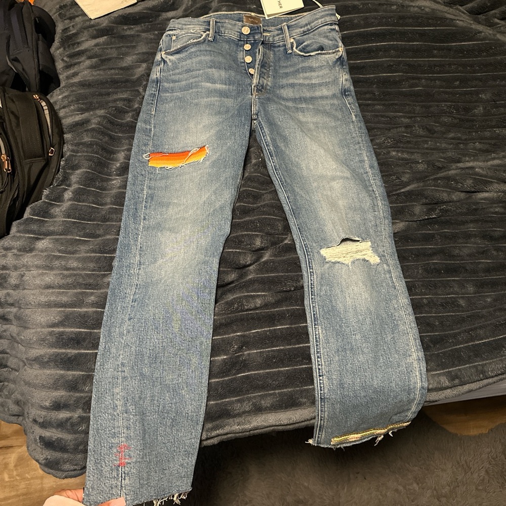 MOTHER Blue Straight Leg Jeans with Distressed Details